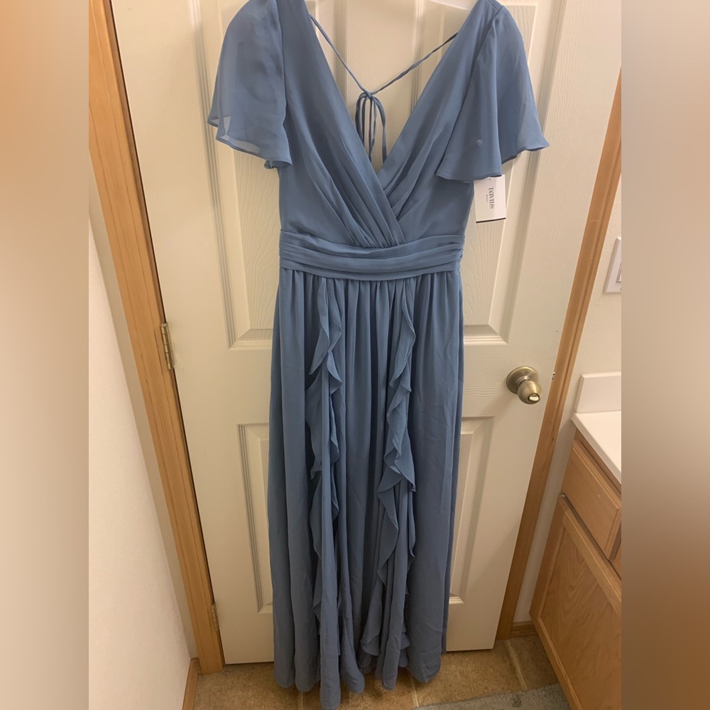 David’s Bridal NWT chiffon flutter sleeve ruffle bridesmaid dress in Steel Blue